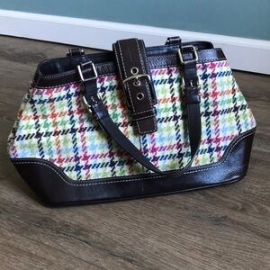 Coach Tattersall Hampton satchel multi colored houndstooth and leather.
